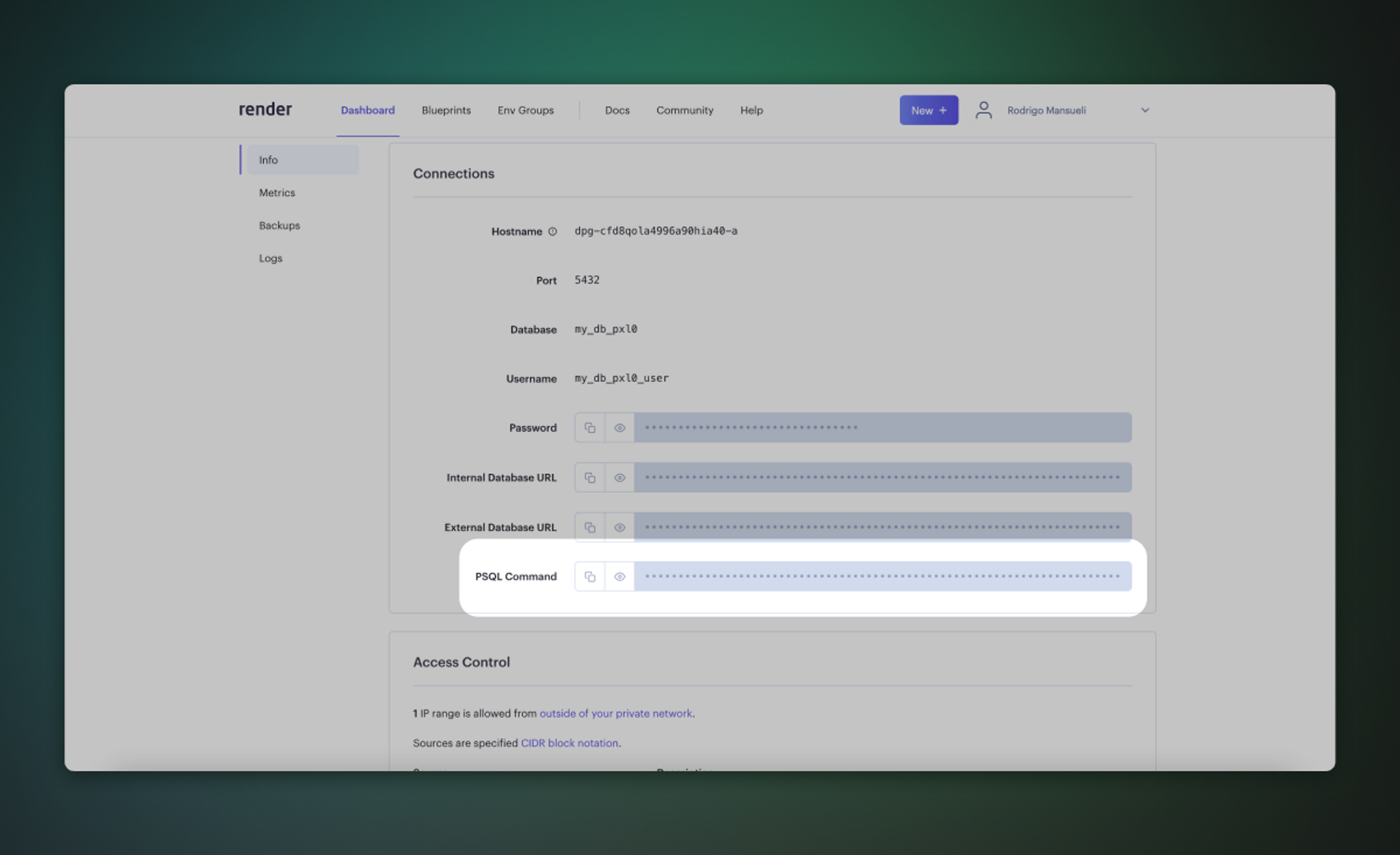 Copying PSQL command from Render dashboard